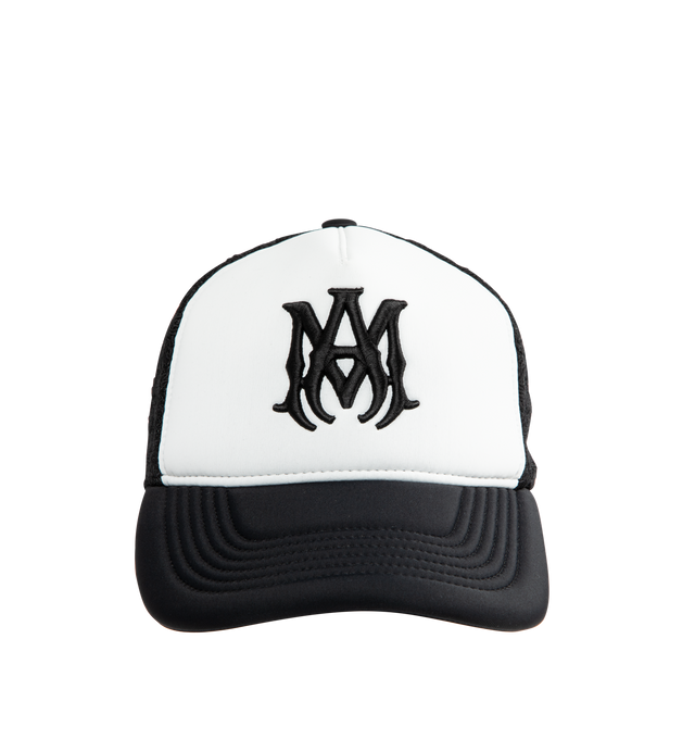 Image 1 of 3 - BLACK - AMIRI MA Two Tone Trucker Hat featuring embroidered MA icon, curved brim and double snapback fastening. Cotton, lyocell, polyester.