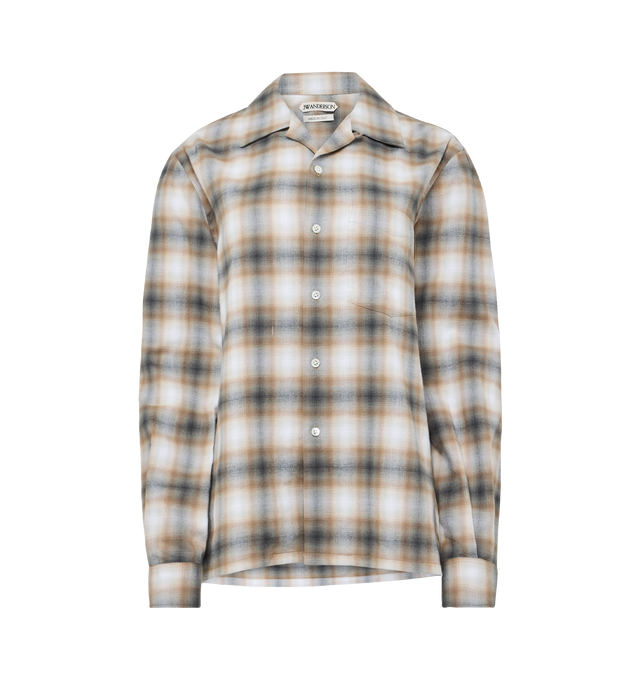 Image 1 of 2 - BROWN - JW ANDERSON Check Shirt featuring exposed button fastening at front, camp collar, buttoned cuffs, regular fit, V-neck, long sleeves, patch pocket at front, straight yoke at back, all-over check print and all-over flannel texture. 100% cotton. Made in Italy.
