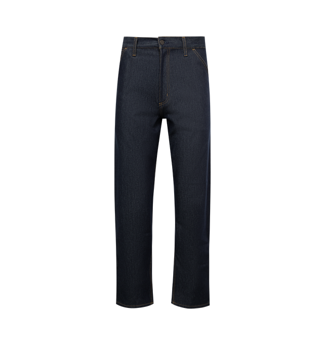 Image 1 of 3 - BLUE - CARHARTT WIP Single Knee Jeans featuring relaxed-fit, straight-leg, belt loops, five-pocket styling, zip-fly, utility pocket at outseams, logo patch at back pocket and contrast stitching in tan. 100% cotton.