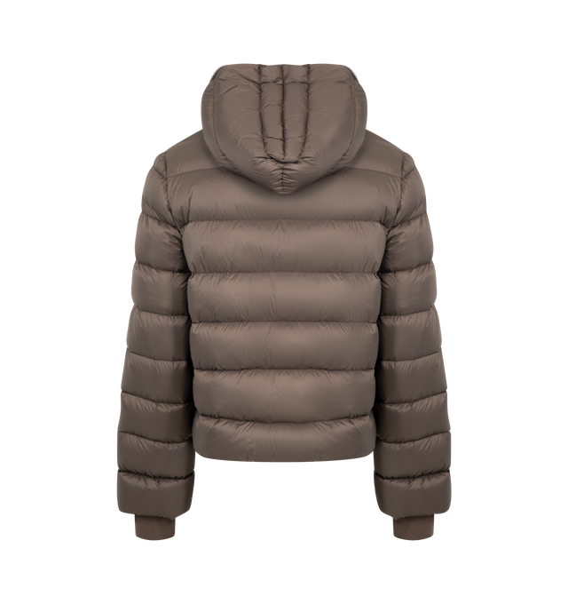 Image 2 of 3 - BROWN - Rick Owens Gimp heavyweight duvet jacket crafted from black matte nylon in a hip-length with long sleeves. Featuring horizontal stitching lines, zippered chest pocket, slit side pockets, and a center-front zipper that runs up all around the hood, so that it can close completely around your face. 100% nylon, water repellent with 100% new wool knit rib cuffs, 100% cotton pocket lining.90% goose down, 10% mallard feather fill.