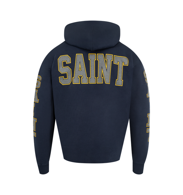 Image 2 of 3 - NAVY - SAINT MICHAEL Saint Hoodie featuring fixed hood, ribbed hem and cuffs, front pocket and graphic on front. 100% cotton. Made in Japan.