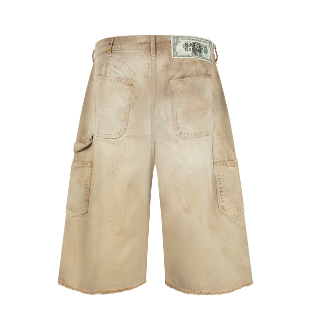 Image 2 of 3 - NEUTRAL - Satoshi Nakamoto Danny's Carpenter Shorts feature distressed details, stud embellishments, and paint splatters. Main material: 100% Cotton.