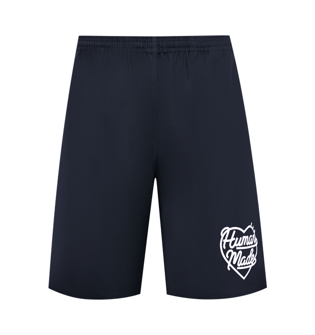 Image 1 of 3 - NAVY - HUMAN MADE Beach Shorts featuring shiny, firm cotton twill fabric, iconic heart logo on the front left hem, pockets on both sides and the right hip and waist cord with the brand logo. 100% cotton.