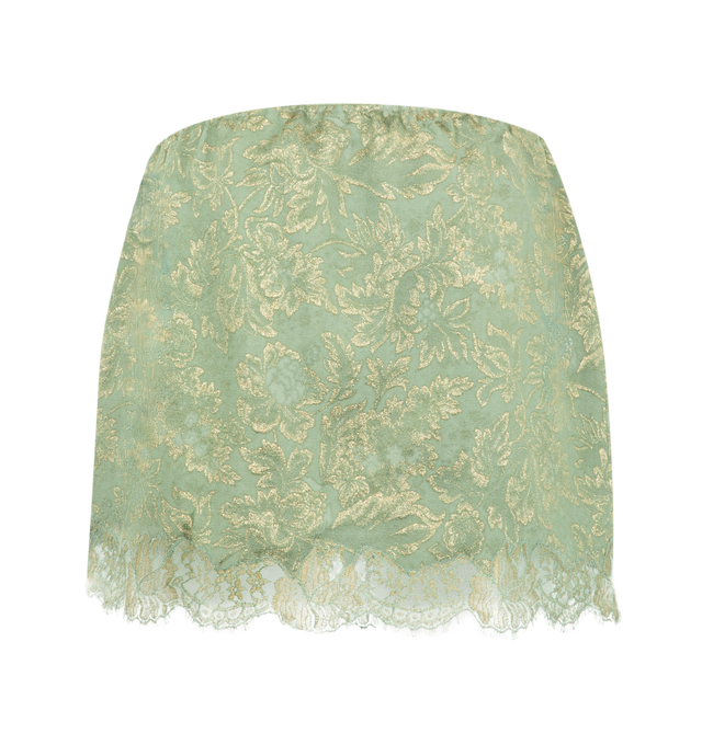 Image 2 of 3 - GREEN - Saint Laurent mini skirt with an elasticized waist, decorated with a metallic floral jacquard motif and scalloped lace hem. Crafted from certified viscose with silk lining. Made in Italy.