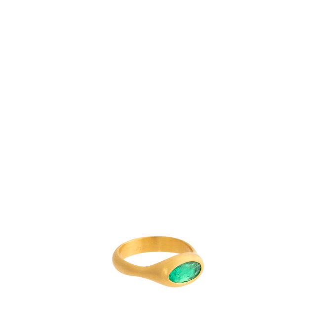 Image 1 of 1 - GOLD - Eli Halili Emerald Ring is handcrafted in 22K gold and features a 0.88-carat elongated oval emerald with a double rose cut, highlighting the gemstone's rich natural color and distinctive faceting. Designed with Eli Halili's signature artisanal approach, this fine jewelry ring pairs the vibrant emerald with the warmth and organic character of high-karat gold for a timeless, one-of-a-kind aesthetic. Main Material: 22K Gold. Gemstone: 0.88 CT Emerald. Cut: Double Rose Cut. Shape: Elongate