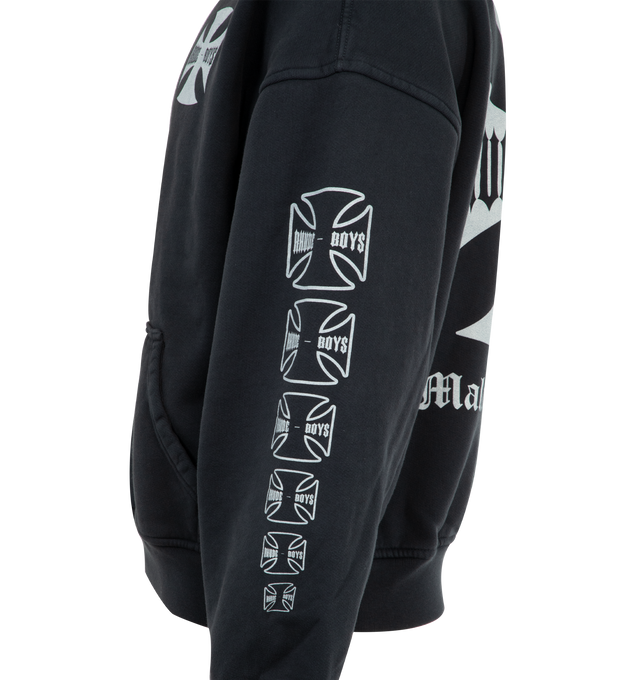 Image 3 of 3 - BLACK - RHUDE Rhude Boys Hoodie featuring fleece hoodie, drop-shoulder, a Rhude Boys graphic on the chest, back and on the sleeves. 100% cotton.