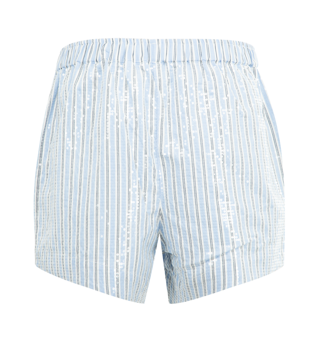 Image 2 of 3 - BLUE - MIRA MIKATI Sequinned Boxing Shorts featuring sequin embellished cotton, elastic waist and stripe design. 100% cotton.