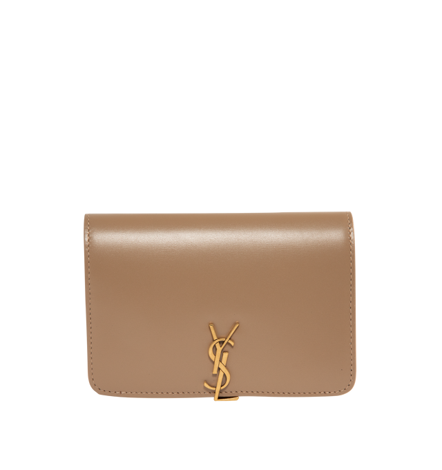 Image 1 of 3 - BROWN - Saint Laurent VOLTAIRE passport holder with inner card slots, decorated with the CASSANDRE. Featuring leather lining, bronze-toned hardware, two flat pockets, five card slots. Measures 5.3" x 3.9" x 0.8". Made in Italy.