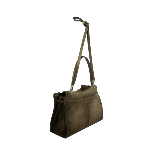 Image 2 of 3 - GREEN - BALENCIAGA Rodeo Handbag Medium in waxed suede calfskin and smooth calfskin featuring one handle, removable shoulder strap, removable cloche cls with two split rings, aged-silver hardware, turn lock closure, wide front pocket, 1 main compartment, 1 inner zipped pocket, 2 flat pockets at back, side snaps, 4 brass feet and nappa lambskin lining. L13.8 x H9.2 x W4.3 inch. Calfskin. Made in Italy.