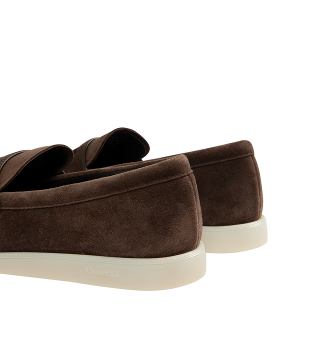Image 3 of 4 - BROWN - CHURCH'S Portsmouth Suede Shoe featuring loafer with handmade apron-toe seam, suede upper, leather footbed, off-white rubber sole with Church's logo and Blake construction for enhanced flexibility. Made in Italy.