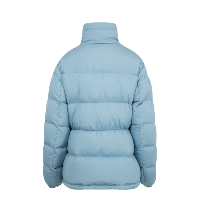 Image 2 of 3 - BLUE - MONCLER Dourbe Hooded Short Down Jacket featuring recycled longue saison, recycled longue saison lining, down-filled, pull-out hood, zipper closure, zipped welt pockets, elastic cuffs and hem with drawstring fastening. 100% polyester. Padding: 90% down, 10% feather.