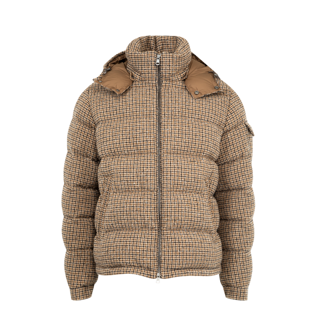 Image 1 of 4 - BROWN - MONCLER Montgenevre Wool Blend Boucl Hooded Short Down Jacket featuring wool blend boucl, Airsoft lining, down-filled, detachable and adjustable hood, zipper and snap button closure, zipped pockets, adjustable cuffs and hem with drawstring fastening. 58% wool, 24% polyamide/nylon, 18% lyocell. Lining: 100% polyester. Padding: 90% down, 10% feather. Made in Romania.