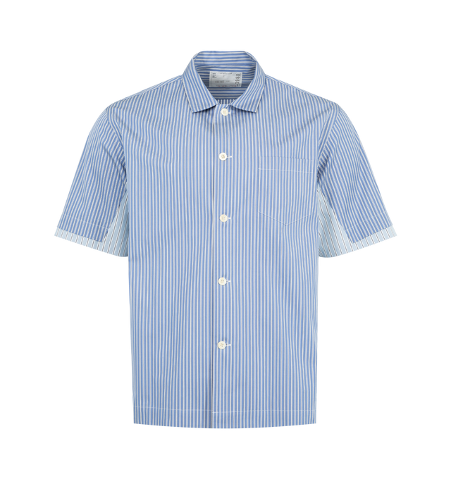 Image 1 of 3 - BLUE - SACAI Poplin Shirt featuring spread collar, short sleeves, button-front closure and paneled sides. Made in Japan.