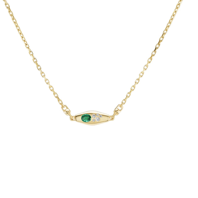 Image 2 of 3 - GOLD - Uniform Object Mini Vessel Necklace featuring 21.25 g of solid 18K yellow gold with a 22.5 g 18K yellow gold chain, a 1.75 ct emerald-cut emerald, and 1.47 TCW round diamond clusters. Handcrafted in New York City. Hirshleifers offers a range of pieces from this collection in-store. For personal consultation and detailed information about jewelry, please contact our dedicated stylist team at personalshopping@hirshleifers.com.