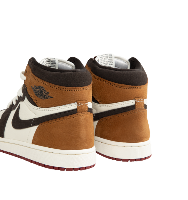 Image 3 of 5 - BROWN - Jordan Men's Air Jordan 1 Retro High OG "Love Letter" Sneakers are crafted from nubuck leather and soft suede. "Much Love and Respect" detailing accents the collar and hangtag, while a perforated toe, classic lace-up closure, foam midsole with Nike Air cushioning, and rubber outsole complete the design. Upper: Nubuck Leather and Suede. Midsole: Foam. Sole: Rubber.