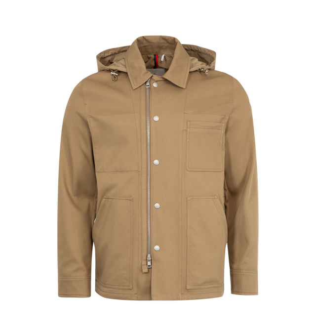 Image 1 of 3 - BROWN - Moncler Guerledan Shirt Jacket has a classic collar with a removable and adjustable hood, a 2-way zip front closure with snap buttons, chest pockets, side zip pockets, and button cuffs.
