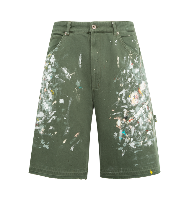 Image 1 of 3 - GREEN - GALLERY DEPT. Platoon Painter Shorts featuring denim shorts with paint-splatter detailing, classic construction, mid rise, button and zip fastening and five-pocket design. 100% cotton.