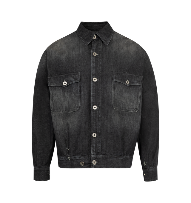 Image 1 of 2 - BLACK - MAISON MARGIELA Distressed Denim Jacket featuring fading and paint splatter throughout, spread collar, button closure, flap pockets, pleats at front and back waistband, button at hem, elbow patches, buttoned cuffs, white stitching at back collar and antiqued silver-tone hardware. 100% cotton. Made in Italy.
