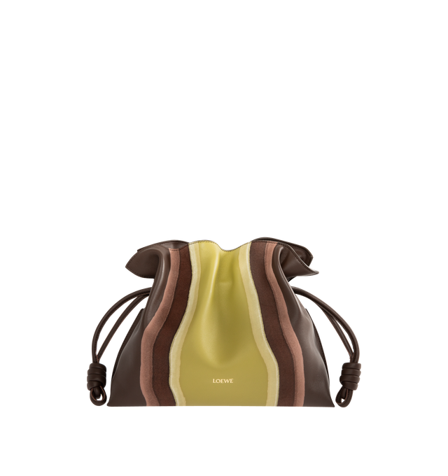 Image 1 of 3 - MULTI - Loewe Landscape Medium Flamenco clutch is a soft and slouchy bag with a cinched closure and knot drawstrings. This medium version is crafted in nappa calfskin and suede, layered, compressed and skived to create a one-of-a-kind effect. Shoulder, crossbody or hand carry with detachable and adjustable strap. Featuring magnetic closure, suede lining, and gold embossed LOEWE. Main material: Nappa Calf. Strap length 96 - 120 cm. Strap Drop 38 - 44 cm. Measures 24.5 cm tall x 30 cm wide x 1