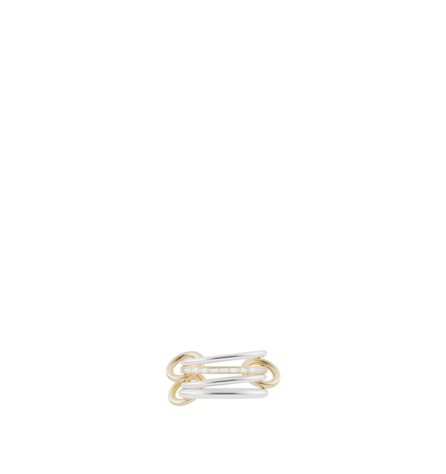 Image 1 of 1 - GOLD - Spinelli Kilcollin Kira ring features a central band of channel-set white diamonds in 18k gold, framed by bands of solid metal and all linked by 18k gold connectors. Each Kira is individually handmade in Los Angeles. Bands: 18k yellow gold, .925 sterling silver, 1.7mm gauge .925 sterling silver band, 1.8mm gauge 18k yellow gold band, 1.7mm gauge .925 sterling silver band, 2.3mm gauge .925 sterling silver band. Stones: White diamonds (approx. 0.55 cttw) Baguette cut, channel-set natural