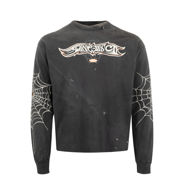 Image 1 of 3 - BLACK - SAINT MICHAEL Insanity Tee featuring crew neck, long sleeves, graphic print on front, sleeves and back and distressing throughout. 100% cotton.