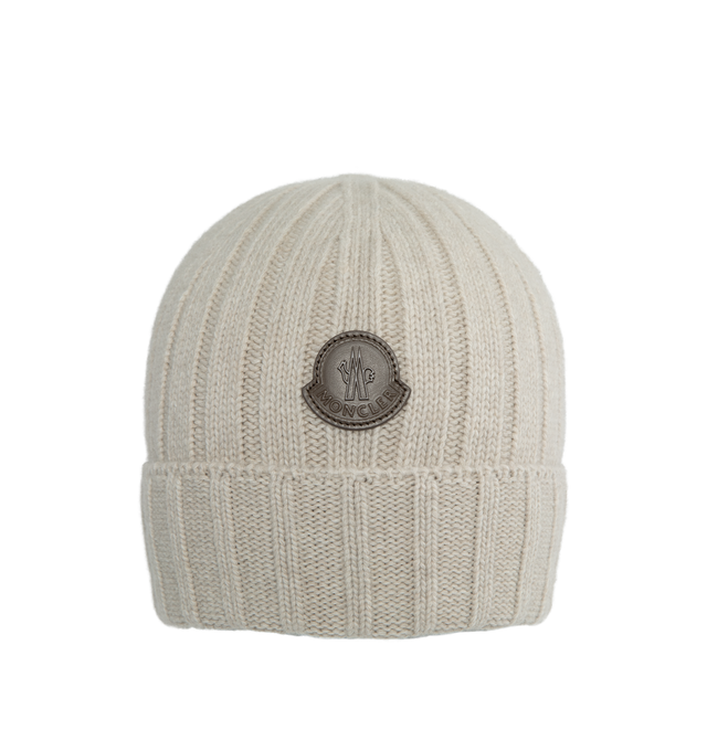 Image 1 of 2 - WHITE - MONCLER Logo Wool Beanie featuring carded wool, 2x4 rib knit, Gauge 5 and leather logo patch. 100% wool. 