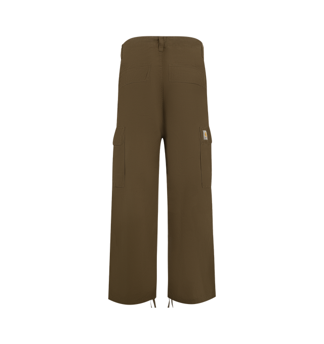 Image 2 of 3 - BROWN - Carhartt WIP Mens Kade Cargo Pants are crafted from midweight Columbia ripstop cotton. Feature a relaxed straight fit with a regular waist, button closure, adjustable waistband and leg openings, cargo pockets, side pockets, back flap pockets, bartack stitching at stress points, zip fly, and woven Square Label. Main Material: 100% Cotton Ripstop. Made in Tunisia.
