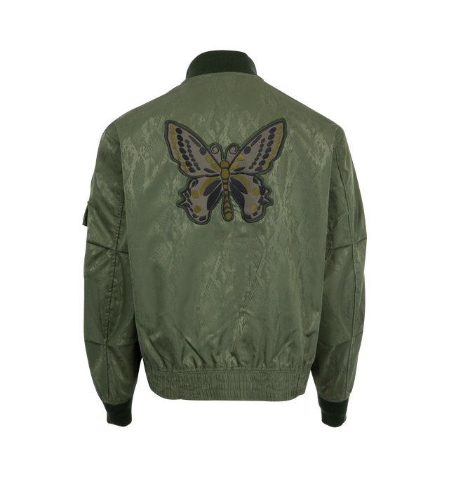 Image 2 of 3 - GREEN - NEEDLES G-8 Jacket featuring front zip closure, 2-pocket styling, embroidered iron-on badges, elastic waistband and midweight ripstop fabric. 100% cotton. Made in Japan.