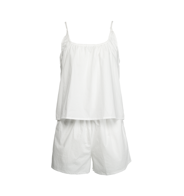Image 1 of 4 - WHITE - DEIJI STUDIOS Cotton Apex Set featuring gathered top and square neckline.Paired with pull on short with elastic waistline. To wear as a set or separately. 100% cotton.  