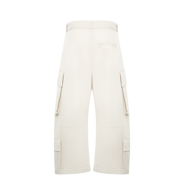 Image 2 of 3 - NEUTRAL - Acne Studios Womens Cargo Trousers are crafted from lightweight cotton twill. Feature a regular fit, mid-rise waist, barrel leg, mid-calf length, matching adjustable belt, side seam pockets, patch pockets with concealed snap closures, folded hems, and embroidered logo. Main Material: 97% Cotton, 3% Elastane. Made with organically grown cotton. Made in Portugal.