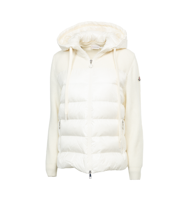 Image 1 of 4 - WHITE - MONCLER Padded Cardigan featuring nylon lger brilliant lining, down-filled, detachable hood, brioche stitch (back, sleeves and yoke), Gauge 7 and zipped pockets. 100% wool. 100% polyamide/nylon. Padding: 90% down, 10% feather. 