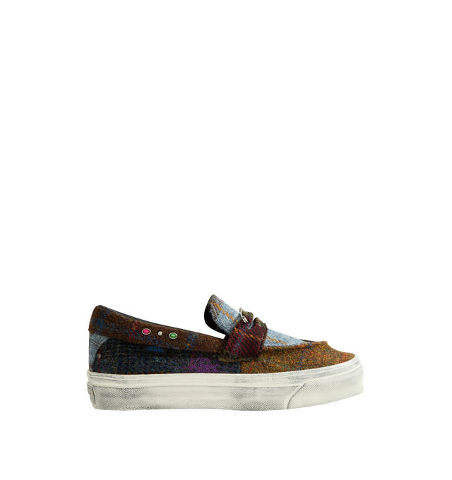Image 1 of 5 - MULTI - Vans Unisex Premium Harris Tweed Loafer 53 Shoes are crafted from Harris Tweed woven from 100% virgin wool and feature a skate-inspired loafer silhouette, a leather upper, and removable metal charms for customizable styling. Designed with safety pin, jewel, and stud embellishments, a padded collar, and stud detailing at the tongue. Main Material: Harris Tweed 100% Virgin Wool and Leather. Outsole: Rubber. Details: Removable Metal Charms, Safety Pins, Jewel and Stud Embellishments, Stu