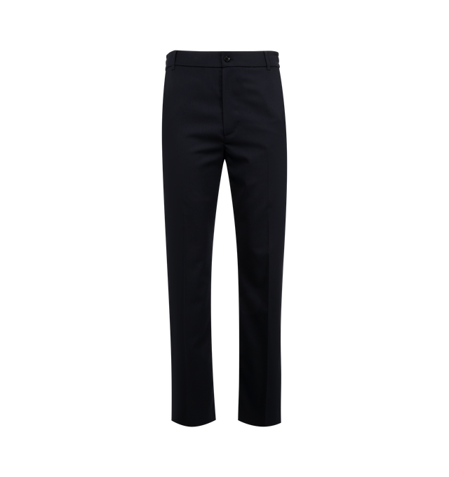Image 1 of 3 - NAVY - MONCLER Wool Gabardine Tailored Pants featuring wool blend gabardine, zipper and button closure, pockets with snap button closure and leather logo patch. 54% virgin wool, 45% polyester, 1% elastane/spandex. Made in Romania.