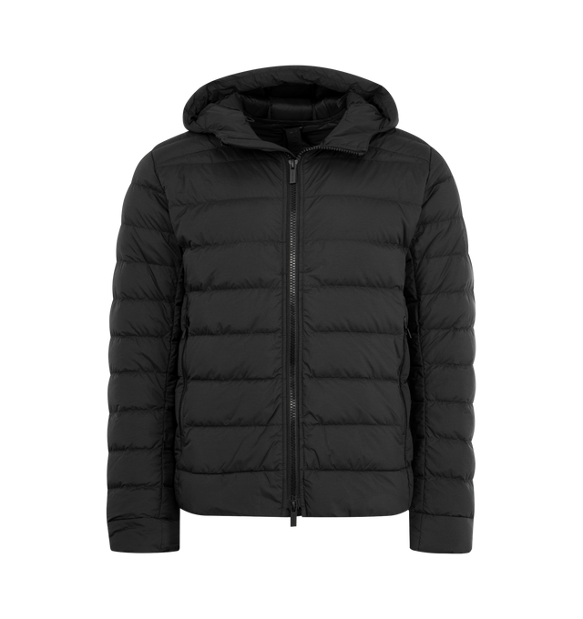 Image 1 of 3 - BLACK - CANADA GOOSE Crofton Hoodie EnduraLuxe Jacket featuring two-way zipper, packable into interior left pocket, converts into a cinchable bag with a carrying strap, adjustable hood with hidden drawcord, removable interior backpack straps for hands-free carrying capabilities, interior drawcord at hem, wo exterior tricot-lined zippered hand pockets and one interior drop-in pocket. 100% recycled polyamide. Made in Canada.