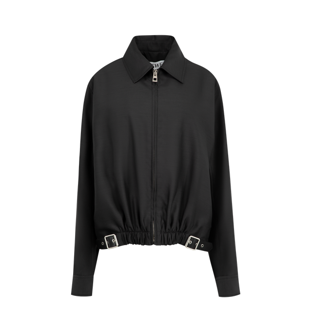 Image 1 of 3 - BLACK - LOEWE Belted Jacket featuring medium-weight wool and silk tailoring, a gathered front with a leather belt detail, regular fit, regular length, classic collar, zip front fastening, buttoned cuffs, seam pockets, inside jet pocket, fully lined and LOEWE embossed leather patch placed at the back. Wool/Silk. Made in Italy.