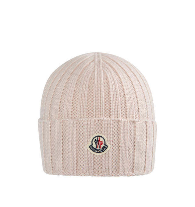 Image 1 of 2 - PINK - MONCLER Wool Beanie featuring ribbed knit, Gauge 5 and logo patch. 100% virgin wool. 