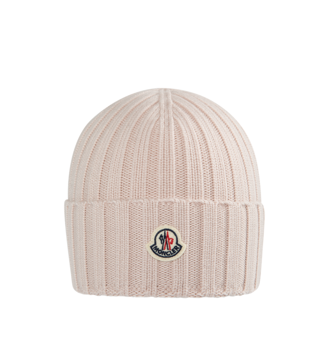 Image 1 of 2 - PINK - MONCLER Wool Beanie featuring ribbed knit, Gauge 5 and logo patch. 100% virgin wool.