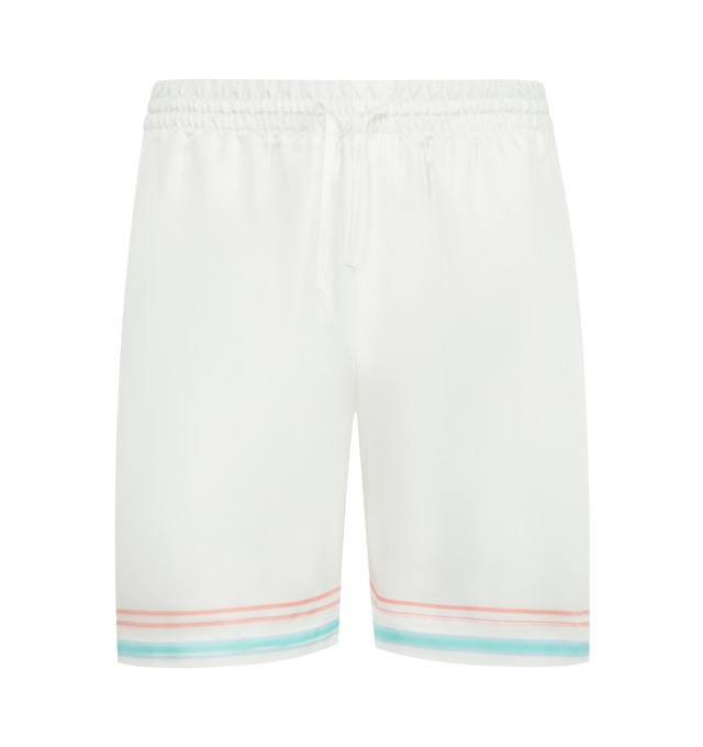 Image 1 of 3 - WHITE - CASABLANCA Dance Joy Silk Shorts featuring elastic mid waistband, adjustable drawstring at the waist, two side pockets, contrast multiolor details at the back and back, back pocket and straight leg. 100% silk. Made in Italy.