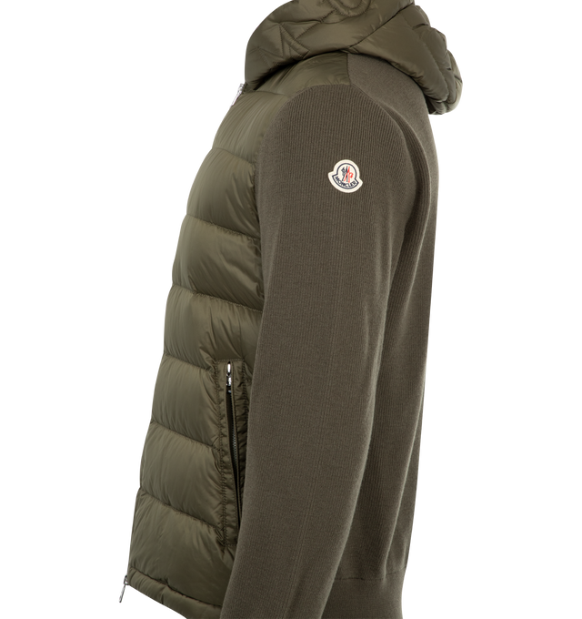 Image 3 of 3 - GREEN - MONCLER Padded Cardigan featuring longue saison lining, down-filled longue saison front, rib knit, gauge 12, mico soft hood, zipper closure, zipped pockets, quilted logo and logo patch. 100% polyamide/nylon. 100% virgin wool. Padding: 90% down, 10% feather.