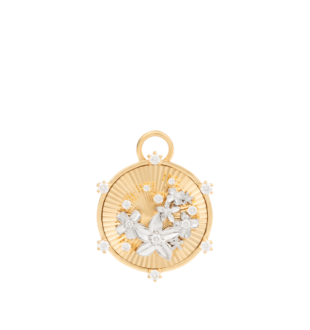 Image 2 of 2 - GOLD - FOUNDRAE Blossoms Baby Medallion crafted in 18k Yellow and White Gold with Diamonds. Diamond Weight: 0.145 ct. Medallion measures 15 mm in diameter. Hirshleifers offers a range of pieces from this collection in-store. For personal consultation and detailed information about jewelry, please contact our dedicated stylist team at personalshopping@hirshleifers.com.