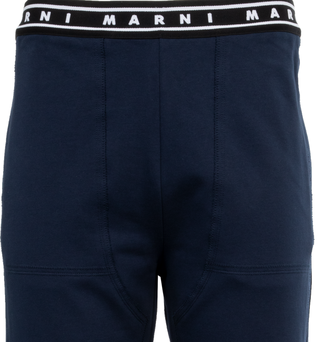 Image 4 of 5 - BLUE - MARNI Logo Waistband Trousers featuring cigarette trousers, frontal closure, side slit pockets and back welt pockets. 100% cotton. Made in Italy. 