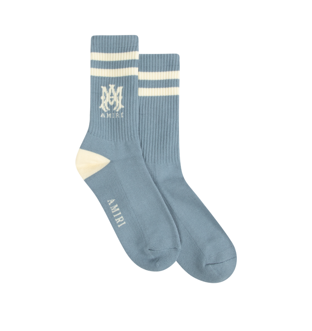 Image 1 of 2 - BLUE - AMIRI MA Core Logo Socks featuring calf-high length, stretch cotton-blend jersey, jacquard logo and stripes at rib-knit cuffs and jacquard logo at sole. 78% cotton, 20% polyester, 2% elastane.