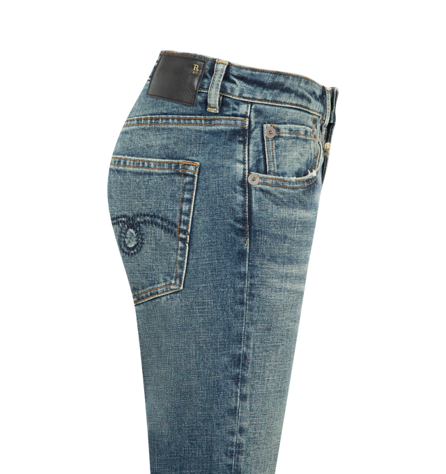 Image 3 of 3 - BLUE - R13 Womens Kick Flare Jeans are crafted from mid-weight Japanese black stretch denim and feature a relaxed fit with flared legs from the knee to the hem. Finished with a vintage dark black wash and subtle grinding throughout. Main Material: 98% Cotton, 2% Polyurethane. Imported.