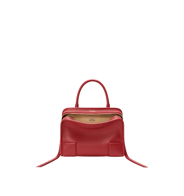 Image 1 of 18 - RED - Loewe Small Amazona 180 Bag in leather features a relaxed silhouette anchored by a single toron top handle, designed to be carried open, while a concealed closure secures the main compartment, three carry options: short handle, removable shoulder strap and crossbody, zip closure with two leather zip pullers, two compartments, main compartment closed with magnetic closure, internal flat pocket, left side d-ring for customization, nappa lambskin lining, and embossed double L branding. Le