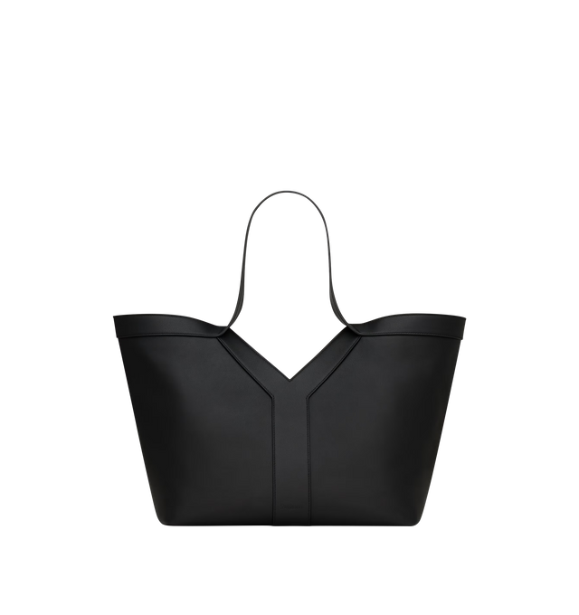 Image 1 of 3 - BLACK - SAINT LAURENT Y Small Tote in leather featuring small version of the Y tote in finely grained leather, ultra-lightweight bag, subtle Y signature stitching, lined in tonal suede, zip pocket, hook closure, one zip pocket and one keyring carabiner tab. 11.4" x 9.4" x 6.5". Calfskin. Made in Italy.