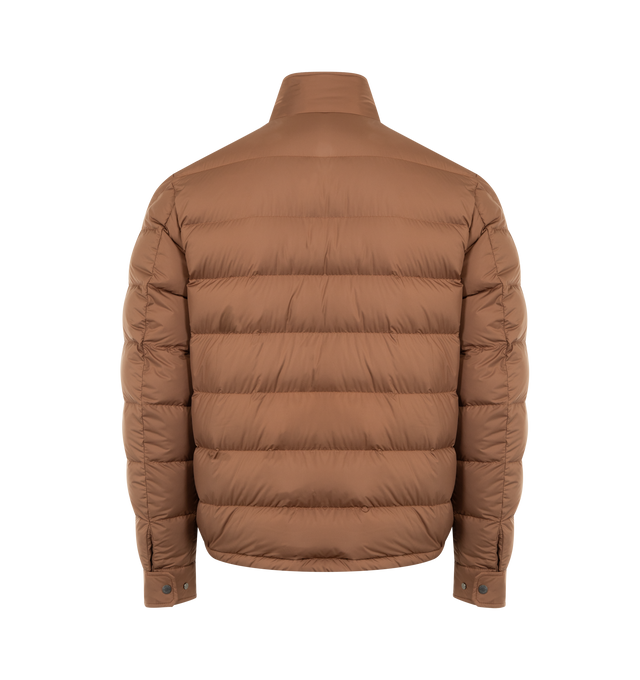 Image 2 of 3 - BROWN - MONCLER Phrier Short Down Jacket featuring Airsoft lining, down-filled, collar with rib knit lining, zipper closure, flap pockets with snap button closure, inner pockets with zipper and snap button closure, adjustable cuffs and leather logo patch. 100% polyester. Padding: 90% down, 10% feather. Made in Italy.