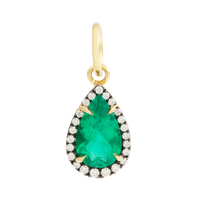 Image 2 of 2 - GREEN - JEMMA WYNNE Emerald Pear and Diamond Connexion Pendant featuring 18kt yellow gold, One of a Kind, fine Colombian Emerald with blackened pave diamonds frame. 2.03CT emerald, 0.18CT diamond. Hirshleifers offers a range of initial pieces from this collection in-store. For personal consultation and detailed information about jewelry, please contact our dedicated stylist team at personalshopping@hirshleifers.com. This item may be restricted for online purchase to international clients. For