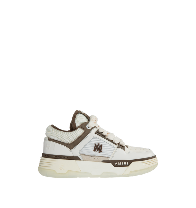 Image 1 of 5 - WHITE - AMIRI MA-1 Sneakers featuring low top, suede trim throughout, perforated detailing at toe, lace-up closure, logo patch at padded tongue, padded collar, rubberized logo patch at outer side, logo embossed at heel counter and terrycloth lining. Upper: leather, textile. Sole: rubber. Made in China. 