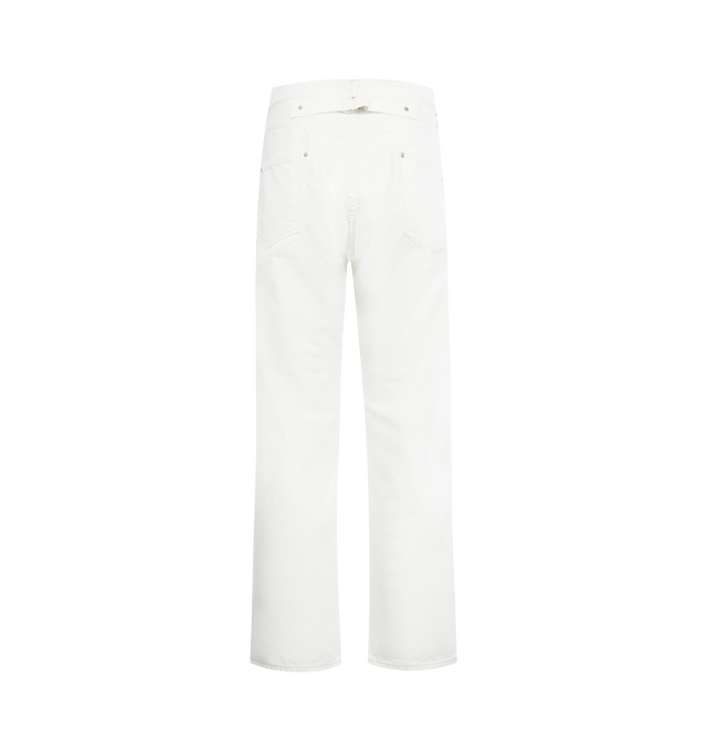 Image 2 of 3 - WHITE - POST O'ALLS No. 10 Five Pocket Jean featuring a moderately loose silhouette, 5 pocket style, a back strap at the waist, exposed rivets on the hip pockets and button zip closure. 100% cotton. Made in Japan.