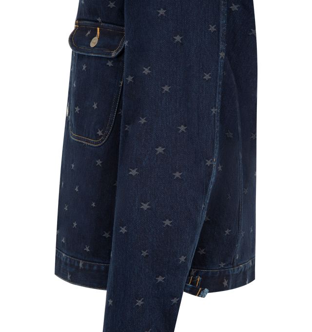 Image 3 of 3 - BLUE - NEEDLES Jean Jacket featuring 13oz denim jacquard, rigid denim fabric, classic collar, button closure on front, symmetrical patch flap pockets on front and sleeve cuffs with button closure. 100% cotton.
